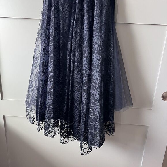 Strapless Velvet Lace Dress Womens XS Black Blue Tulle Bow Evening Formal - Picture 8 of 16